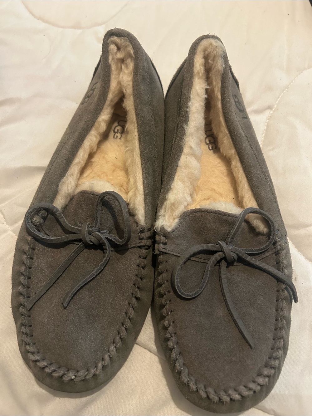 UGG Women's Charcoal Suede Moccasin Slippers with Shearling Trim